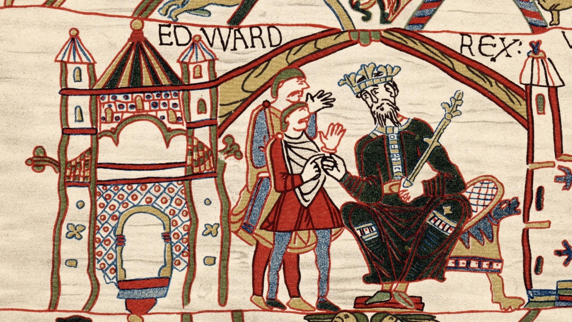 Bayeux Tapestry King Edward the Confessor Scene Detail Paris Beyond Tours Bayeux Bayeux Tapestry detail King Edward the Confessor scene medieval embroidery 1066 - Paris and Beyond Tours Bayeux walking tour Normandy