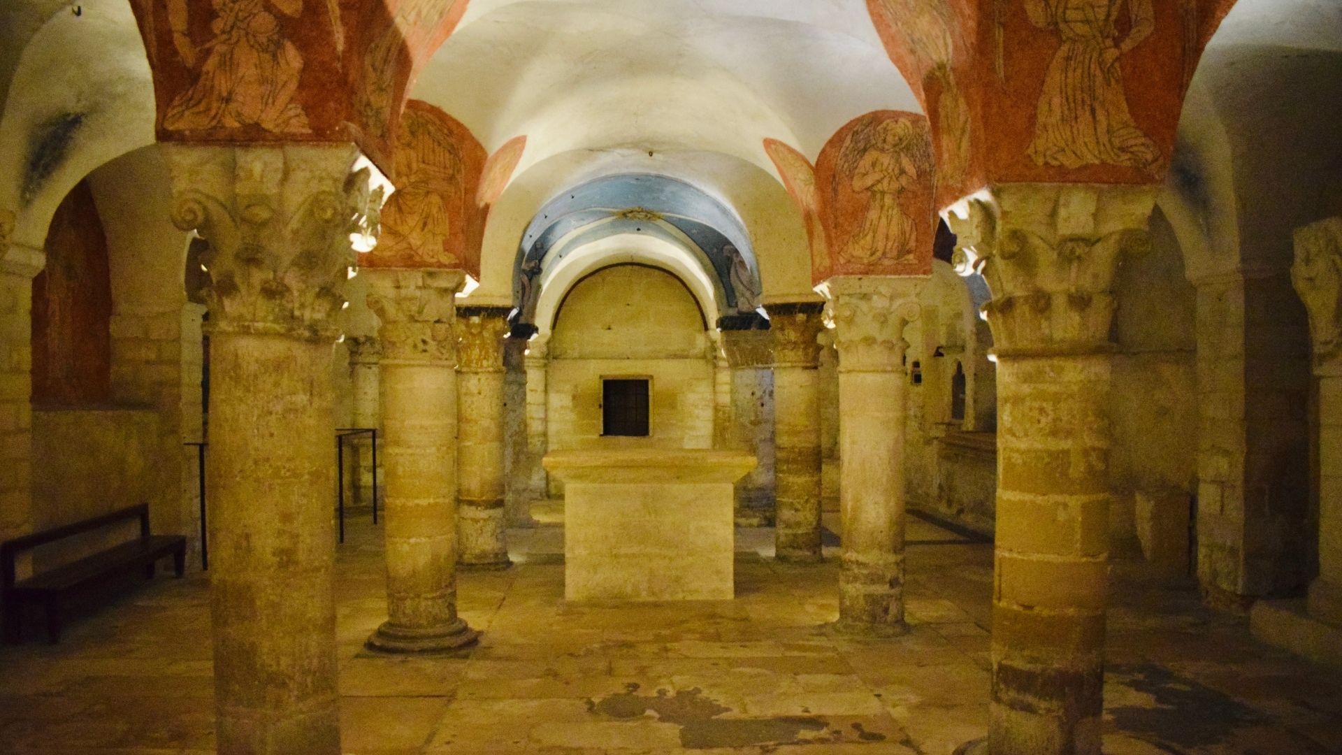 Bayeux Cathedral Romanesque Crypt Tour Paris Beyond Norman Medieval Heritage Bayeux Cathedral Romanesque crypt 11th-century columns capitals vaulted ceilings frescoes - Paris and Beyond Tours guided medieval architecture Normandy France