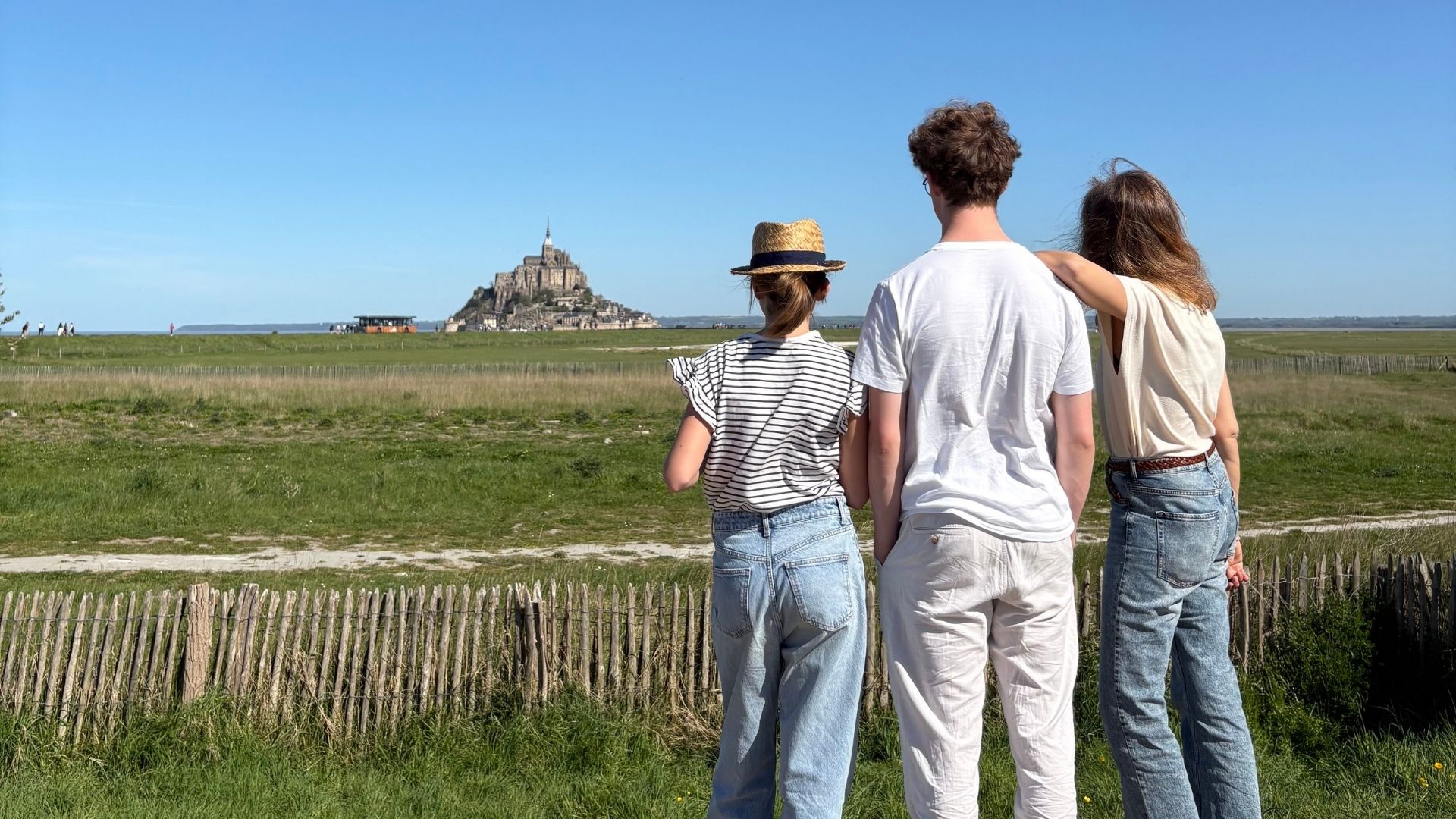 Mont Saint-Michel Salt Marsh View | Paris and Beyond Tours Family Normandy Experience Paris and Beyond Tours family viewing Mont Saint-Michel from salt marsh meadows across tidal bay - private Normandy tour from Bayeux Caen showing classic panoramic perspective